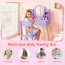 Kids vanity set in purple with a lighted mirror, large tabletop, and storage for imaginative play and grooming.