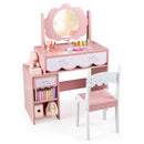 Charming pink kids' vanity set with 360° rotating mirror, 2 drawers, and open compartments for organizing accessories.