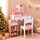 Charming pink Princess Makeup Dressing Table Set with 2 drawers, 2 open compartments, and a 360° rotating mirror for kids.