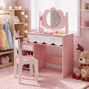 Kids' pink Princess Makeup Dressing Table Set includes a spacious tabletop with a cute rainbow pattern for imaginative play.