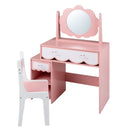 Kids' pink Princess Makeup Dressing Table Set with 2 drawers, 2 open compartments, and a 360° rotating mirror for playtime fun.