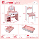 Princess Makeup Dressing Table Set in pink features a 360° rotating mirror, 2 drawers, and 2 open compartments for kids.
