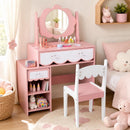 Princess makeup dressing table set in pink with 2 drawers, 2 open compartments, and a 360° rotating mirror for kids.