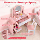 Princess makeup dressing table set in pink features 2 drawers, 2 open compartments, and a 360° rotating mirror for kids.