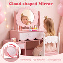 Cloud-shaped mirror on a pink princess makeup dressing table set with 2 drawers and open compartments for kids' playtime.