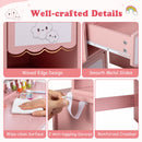 Princess makeup dressing table set in pink features waved-edge drawers, smooth metal slides, and 360° rotating mirror for kids.