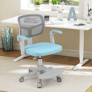 Kids study chair in blue with adjustable height, footrest, and ergonomic mesh backrest for comfort and support.