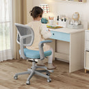Kids study chair in blue with a soft removable cushion and Y-shaped lumbar support, promoting healthy sitting posture.