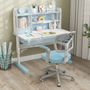 Kids study chair in blue with adjustable height, swivel seat, and ergonomic mesh backrest for ages 3-10.