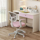 Kids study chair in pink with adjustable height, ergonomic mesh backrest, and swivel seat for ages 3-10.