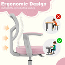 Kids study chair in pink with ergonomic Y-shaped lumbar support and soft cushion, promoting healthy posture for ages.
