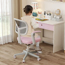 Kids study chair in pink with adjustable height, swivel seat, and ergonomic mesh backrest for ages 3-10.
