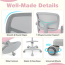 Kids study chair in pink with adjustable height, Y-shaped lumbar support, and universal wheels for easy mobility.