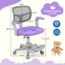 Purple kids study chair showcasing dimensions and adjustable features, including a 360° swivel seat and ergonomic.