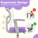 Side view of the purple kids study chair highlighting the ergonomic mesh backrest and Y-shaped lumbar support for.