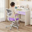 Kids study chair in purple with adjustable height, swivel seat, and ergonomic backrest for ages 3-10 at a desk.