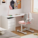 Kids desk chair in pink with dual back support, adjustable height, and sturdy metal frame for ergonomic comfort.