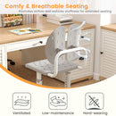 Height-adjustable grey kids desk chair with double back support and breathable holes for comfortable study sessions.