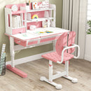 Height-adjustable pink kids study chair with double back support and breathable holes for comfort and good posture.