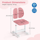 Dimensions of a height-adjustable pink kids desk chair, showcasing adjustable seat height and ergonomic back support.