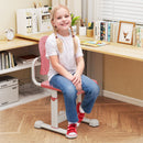 Height-adjustable pink kids desk chair with double back support, perfect for study or home office use.