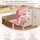 Height-adjustable pink kids desk chair with double back support and breathable holes for comfortable study seating.