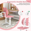 Height-adjustable pink kids desk chair with ergonomic double back support for promoting good sitting posture.