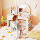 Kids vanity desk with colorful lighted mirror, spacious storage, and matching chair for imaginative play and daily.