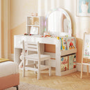 Kids vanity desk with colorful lighted mirror and spacious 2-tier shelf, perfect for organizing toys and books.
