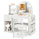 Kids vanity desk with colorful lights and shatterproof mirror, featuring storage shelves and matching chair for.