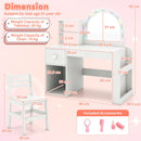 Kids vanity desk with colorful lights and shatterproof mirror, featuring spacious storage and matching chair for.