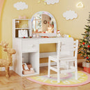 Kids vanity desk with colorful lighted mirror, spacious tabletop, and 2-tier bookshelf for creative play and.