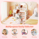 Kids vanity desk with colorful lights and shatterproof mirror, featuring storage shelves and a matching chair for.
