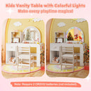 Kids vanity desk with colorful lights and mirror, featuring storage shelves and a matching chair for imaginative play.