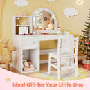 Kids vanity desk with colorful lights and shatterproof mirror, featuring ample storage and matching chair for.