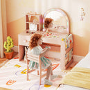 Kids vanity desk with colorful lights and shatterproof mirror, featuring ample storage and a matching chair for.