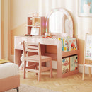 Kids vanity desk in pink with colorful lighted mirror, spacious storage, and matching chair for imaginative play.