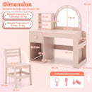 Kids vanity desk with colorful lighted mirror, spacious storage, and matching chair for imaginative play in pink.