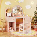 Kids vanity desk with colorful lighted mirror and spacious tabletop, creating a magical makeup space for imaginative.