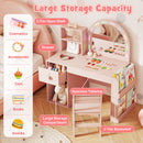 Kids vanity desk in pink with colorful lights, spacious tabletop, 2-tier shelf, and drawer for organized play and.
