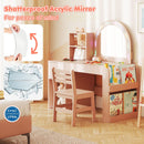 Kids vanity desk with colorful lights and shatterproof acrylic mirror, featuring ample storage for accessories and.