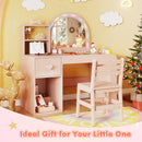 Kids vanity desk with colorful lights and shatterproof mirror, featuring ample storage and matching chair for.