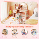 Kids vanity desk with colorful lights and shatterproof mirror, featuring ample storage for play and creativity.
