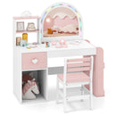 Kids vanity desk in white and pink with colorful lights, shatterproof mirror, and ample storage for imaginative play.