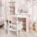 Kids vanity desk with lighted mirror and colorful lights, showcasing a spacious tabletop and multiple storage options for play.