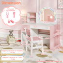 Kids vanity desk in white and pink with colorful lighted mirror, spacious storage, and included matching chair for imaginative play.