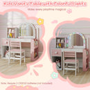 Kids vanity desk in white and pink with colorful lights, featuring a shatterproof mirror and ample storage for imaginative play.