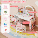 Kids vanity desk in white and pink with colorful lights, large storage, and shatterproof mirror for imaginative play.