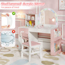 Kids vanity desk in white and pink with colorful lights and shatterproof acrylic mirror for safe and imaginative play.