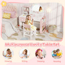 Kids vanity desk with colorful lights and shatterproof mirror, featuring ample storage for imaginative play and daily routines.